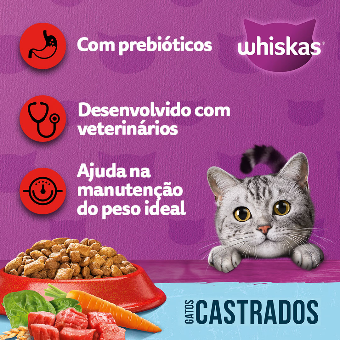 Ração Whiskas para Gatos Adultos Castrados Sabor Carne 500g