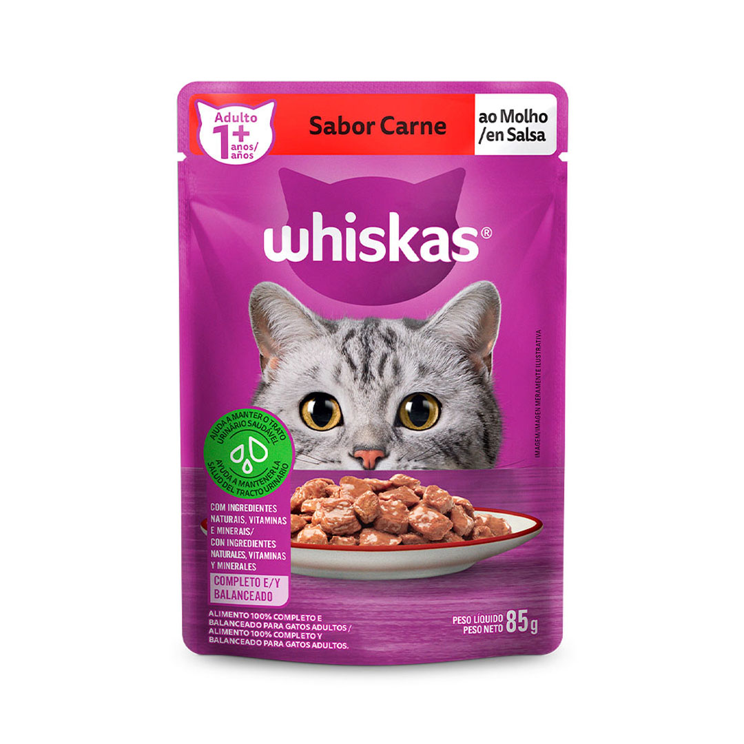Ração Úmida Whiskas para Gatos Adultos Sabor Carne ao Molho 85g