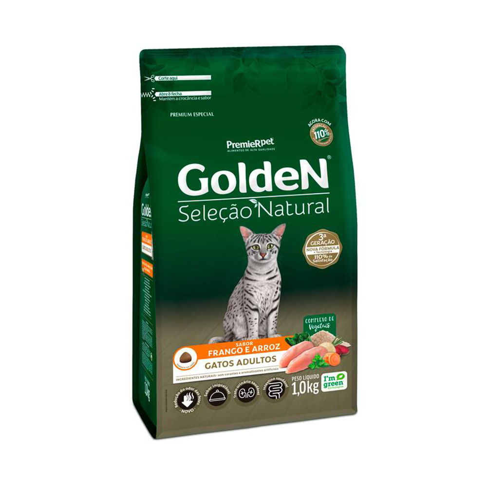 Ração Golden Seleção Natural para Gatos Adultos Sabor Frango e Arroz 1Kg