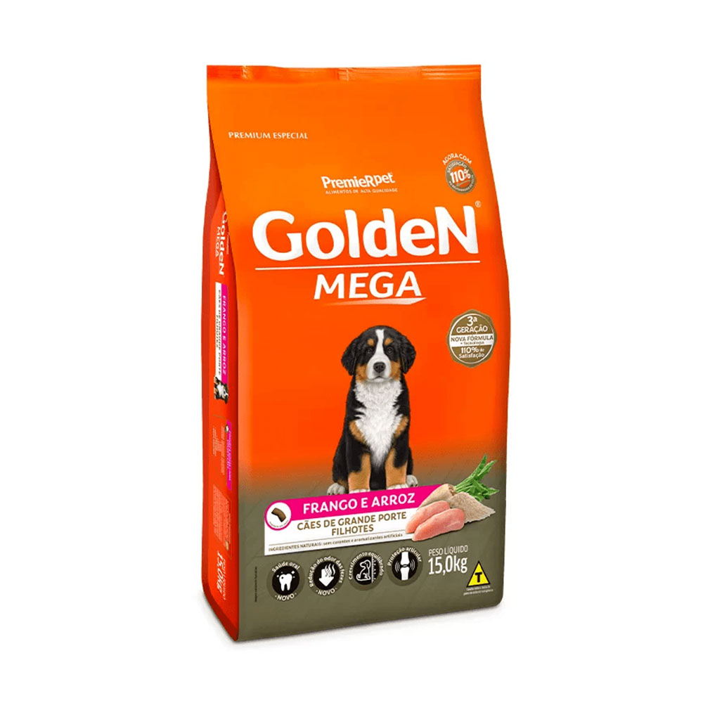 Ração Golden Mega para Cães Filhotes de Raças Grandes Sabor Frango e Arroz 15kg