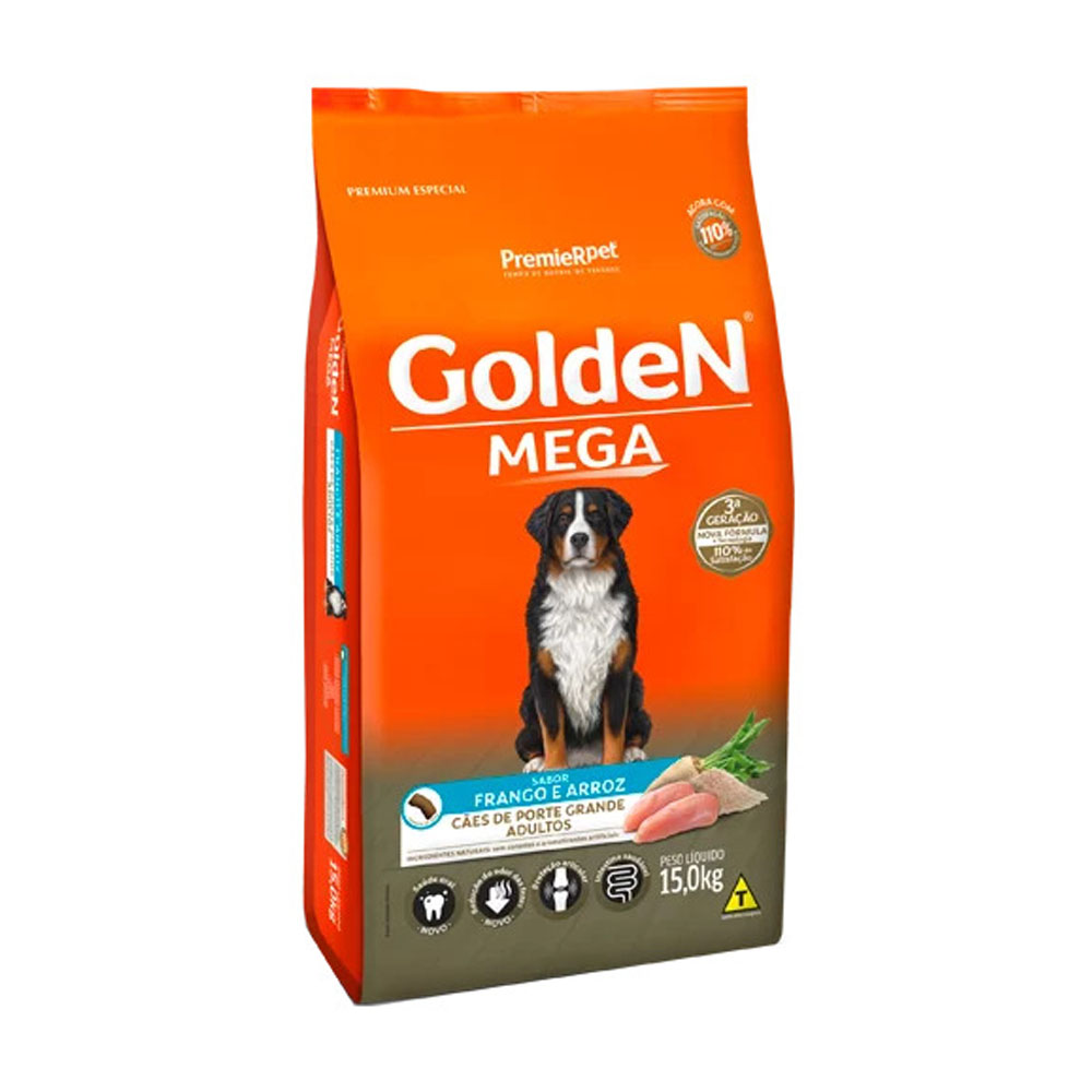 Ração Golden Mega para Cães Adultos de Raças Grandes e Gigantes Sabor Frango e Arroz 15kg