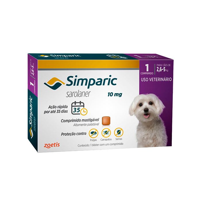 Antipulgas e Carrapatos Simparic 10mg para Cães de 2,6 a 5Kg 1 Comprimido Zoetis