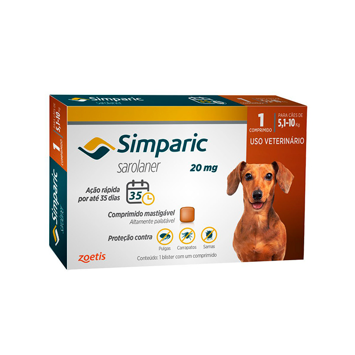 Antipulgas e Carrapatos Simparic 20mg para Cães de 5,1 a 10Kg 1 Comprimido Zoetis
