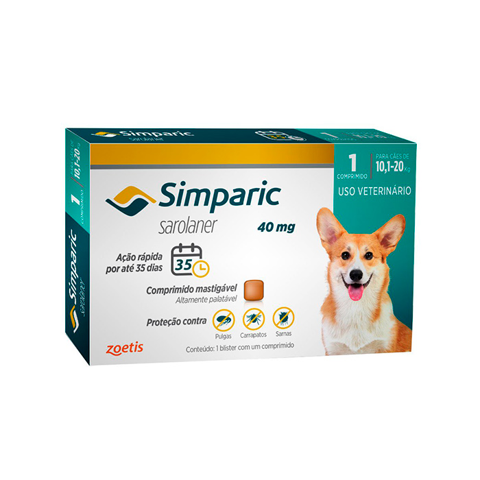 Antipulgas e Carrapatos Simparic 40mg para Cães de 10,1 a 20Kg 1 Comprimido Zoetis