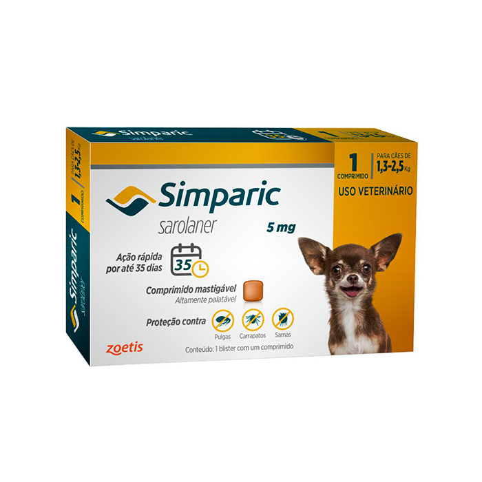 Antipulgas e Carrapatos Simparic 5mg para Cães de 1,3 a 2,5Kg 1 Comprimido Zoetis