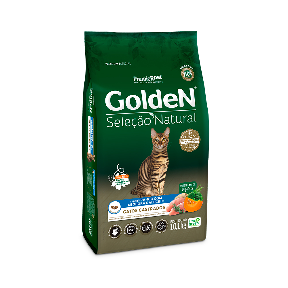 Ração Golden Seleção Natural para Gatos Adultos Castrados Sabor Frango com Abóbora e Alecrim 10,1kg