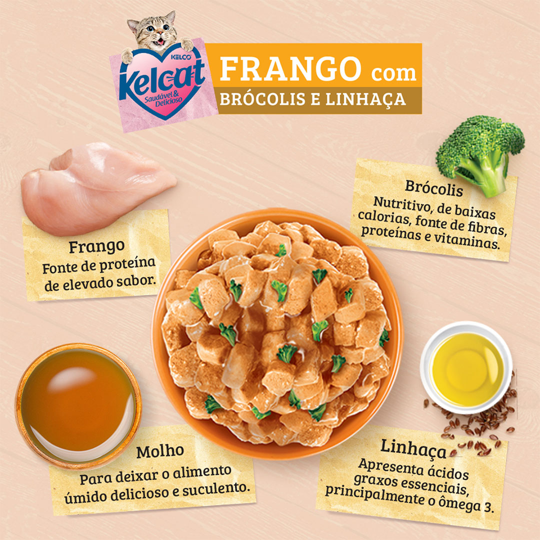 Ração Úmida Kelcat para Gatos Adultos Sabor Frango com Brócolis e Linhaça 85g Kelco