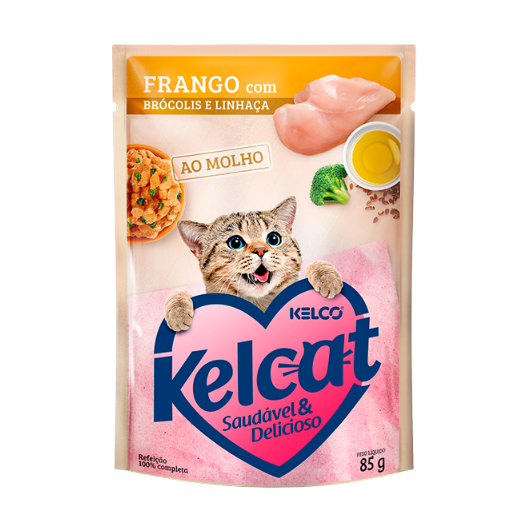 Ração Úmida Kelcat para Gatos Adultos Sabor Frango com Brócolis e Linhaça 85g Kelco