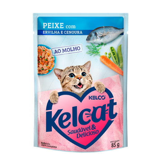 Ração Úmida Kelcat para Gatos Adultos Sabor Peixe com Ervilha e Cenoura 85g Kelco