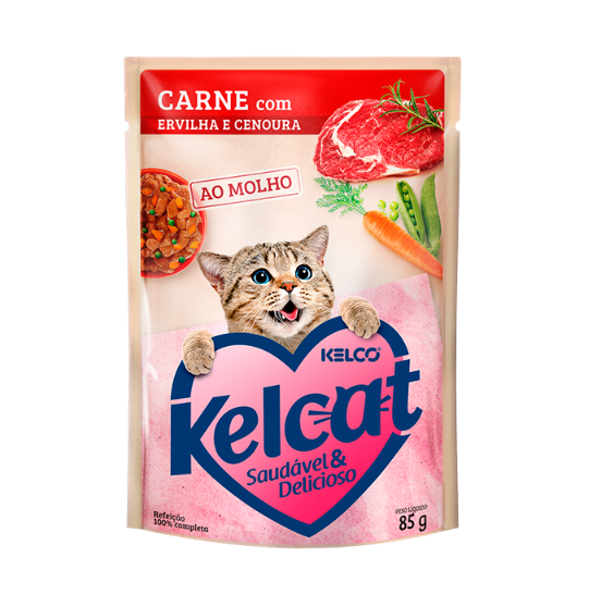 Ração Úmida Kelcat para Gatos Adultos Sabor Carne com Ervilha e Cenoura 85g Kelco