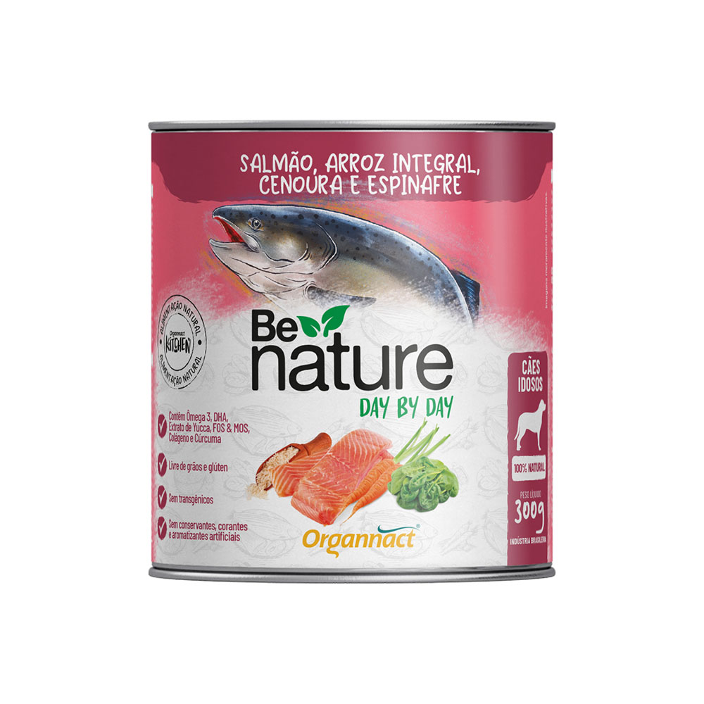 Ração Be Nature Lata Day By Day para Cães Idosos Sabor Salmão, Arroz Integral, Cenoura e Espinafre 300g Organnact