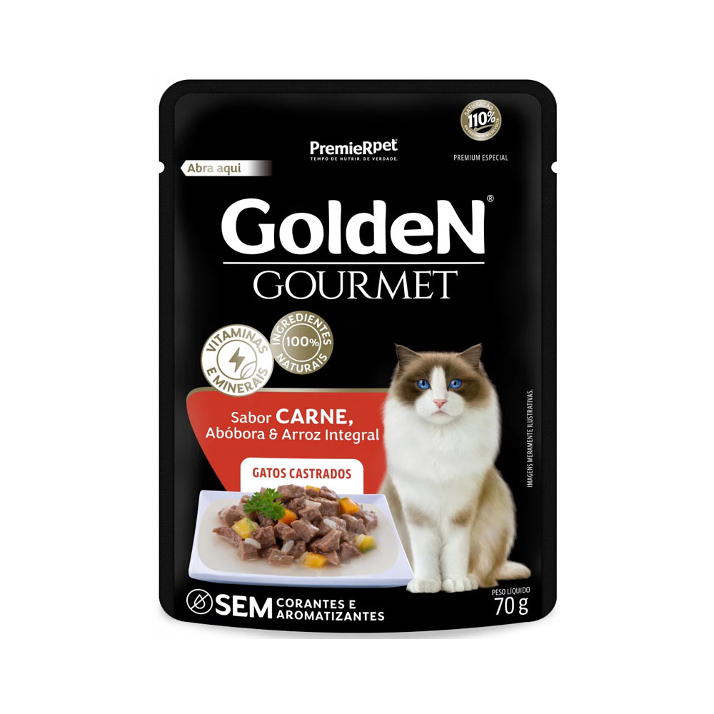 Golden Gourmet para Gatos Castrados Sabor Carne, Abóbora e Arroz Integral 70g