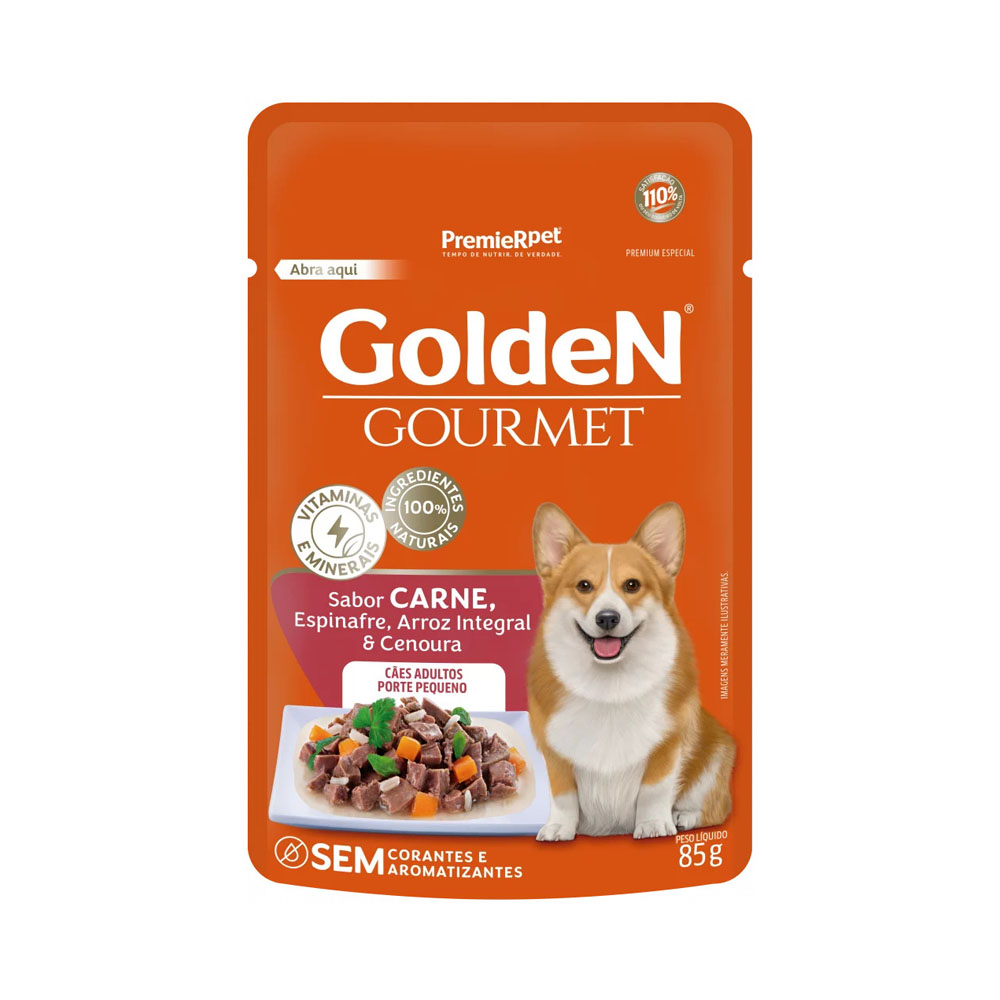 Golden Gourmet para Cães Adultos Porte Pequeno Sabor Carne, Espinafre, Arroz Integral e Cenoura 85g