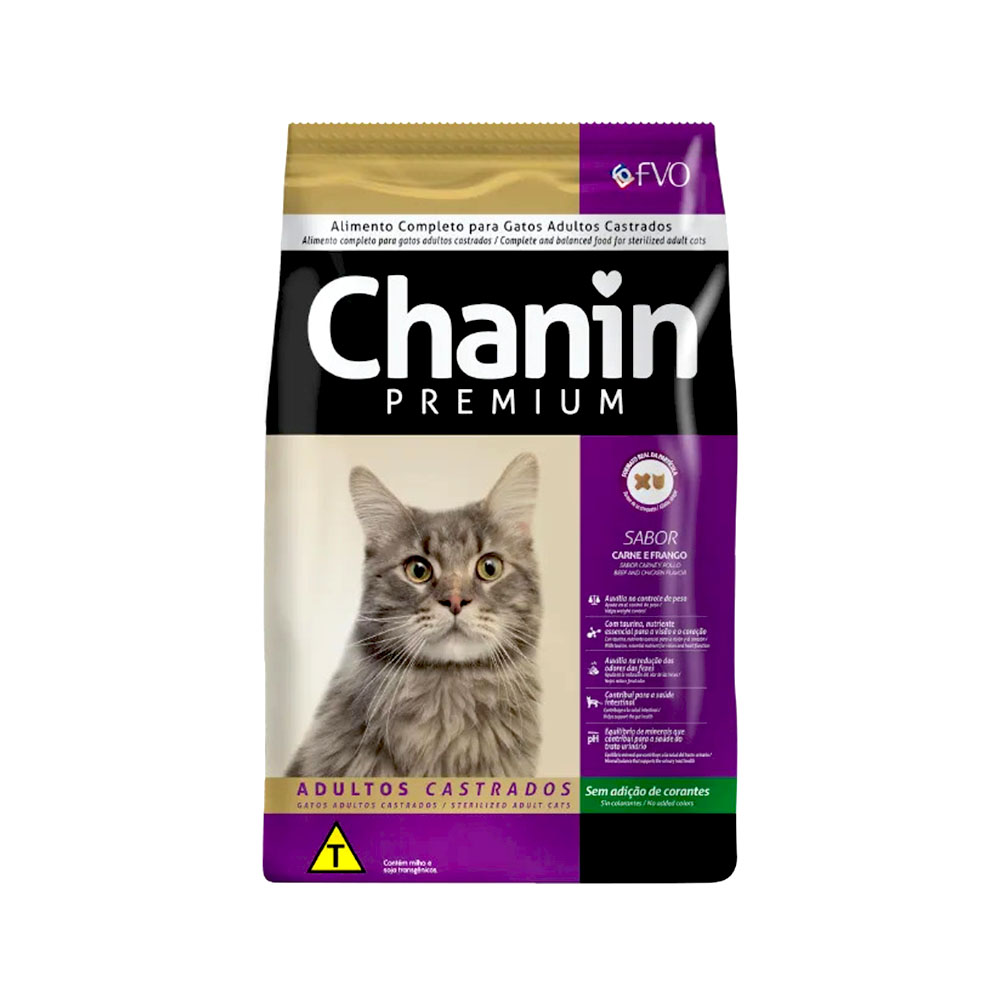 Ração Chanin para Gatos Adultos Castrados Sabor Carne e Frango 10,1Kg