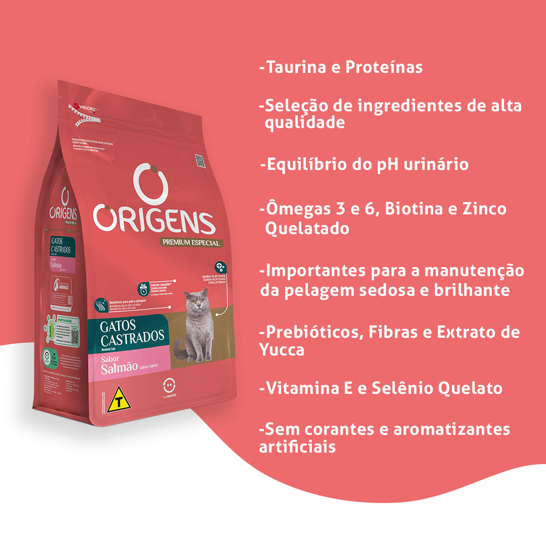 Ração Origens para Gatos Castrados Sabor Salmão 1Kg Adimax