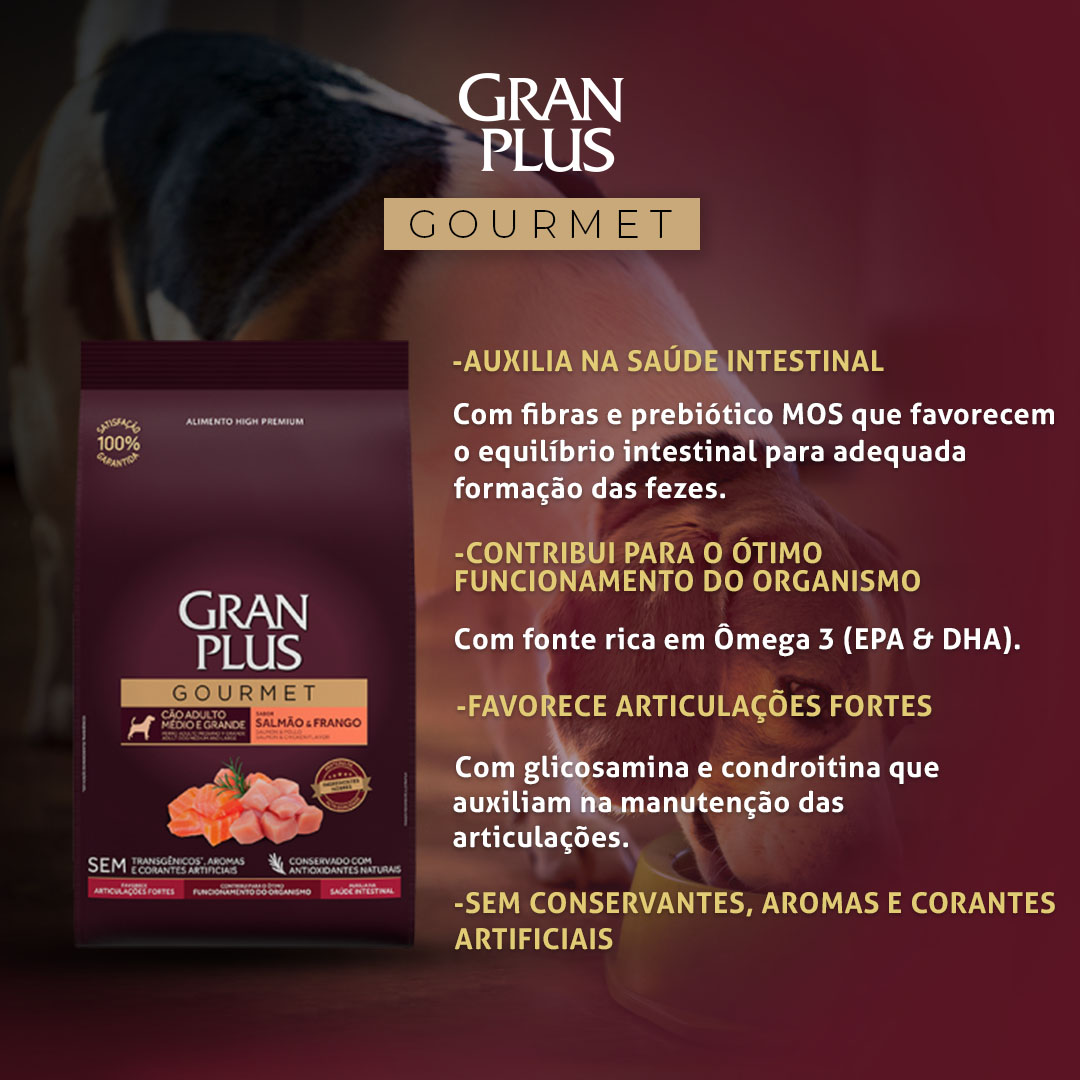 Ração GranPlus Gourmet para Cães Adultos de Porte Mini e Pequeno Sabor Salmão e Frango 3Kg