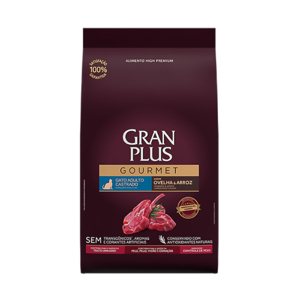 Ração GranPlus Gourmet para Gatos Adultos Castrados Sabor Ovelha e Arroz 1kg