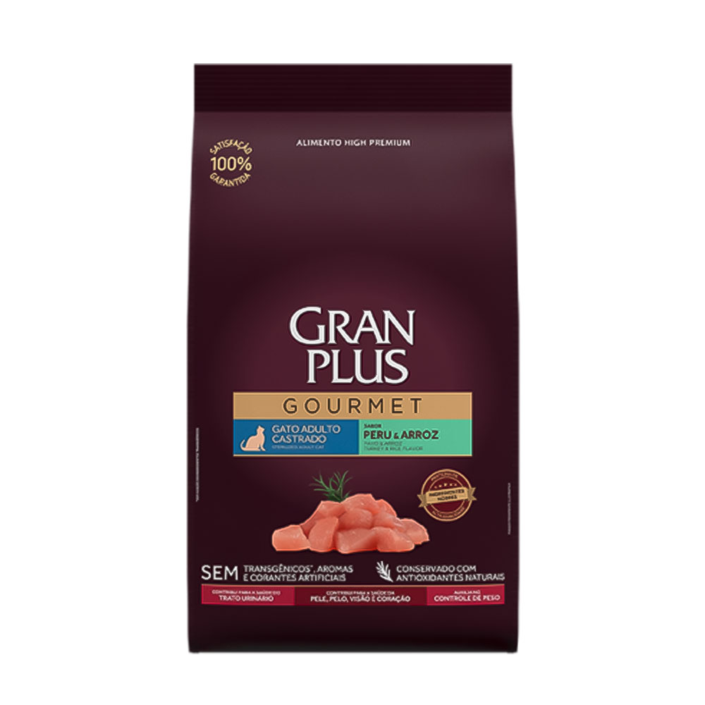 Ração GranPlus Gourmet para Gatos Adultos Castrados Sabor Peru e Arroz 3Kg