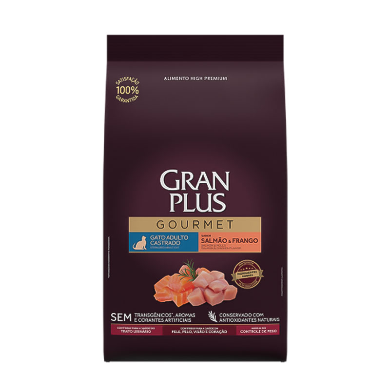 Ração GranPlus Gourmet para Gatos Adultos Castrados Sabor Salmão e Frango 10,1kg