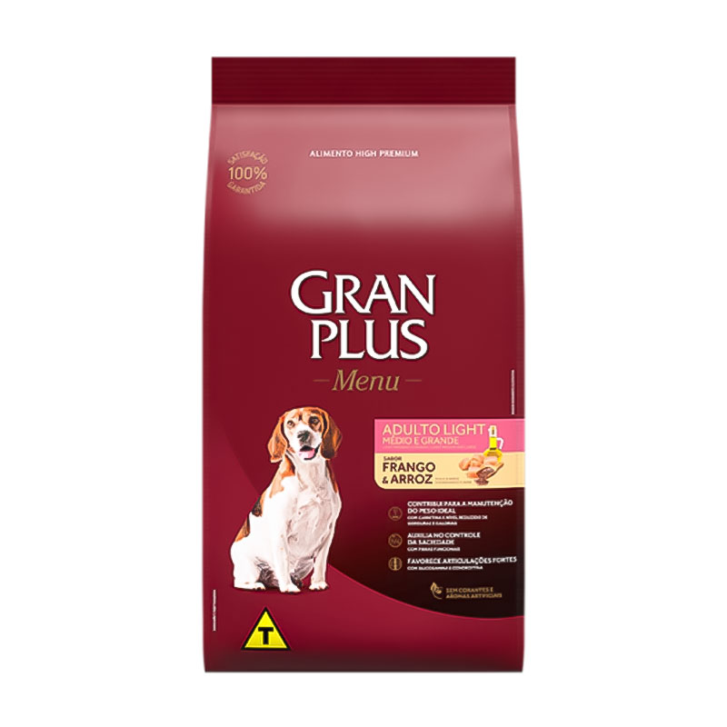 Ração GranPlus Menu Light para Cães Adultos de Porte Médio e Grande Sabor Frango e Arroz 15Kg