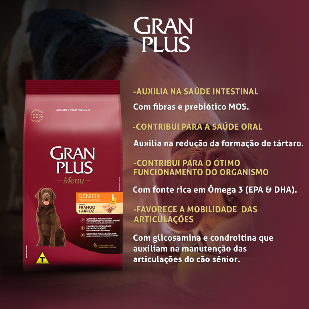 Ração GranPlus Menu para Cães Sênior de Porte Médio e Grande Sabor Frango e Arroz 15Kg