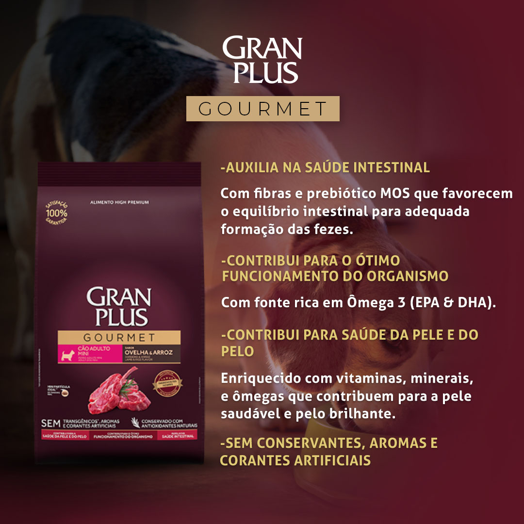 Ração GranPlus Gourmet para Cães Adultos de Porte Mini e Pequeno Sabor Ovelha e Arroz 15Kg