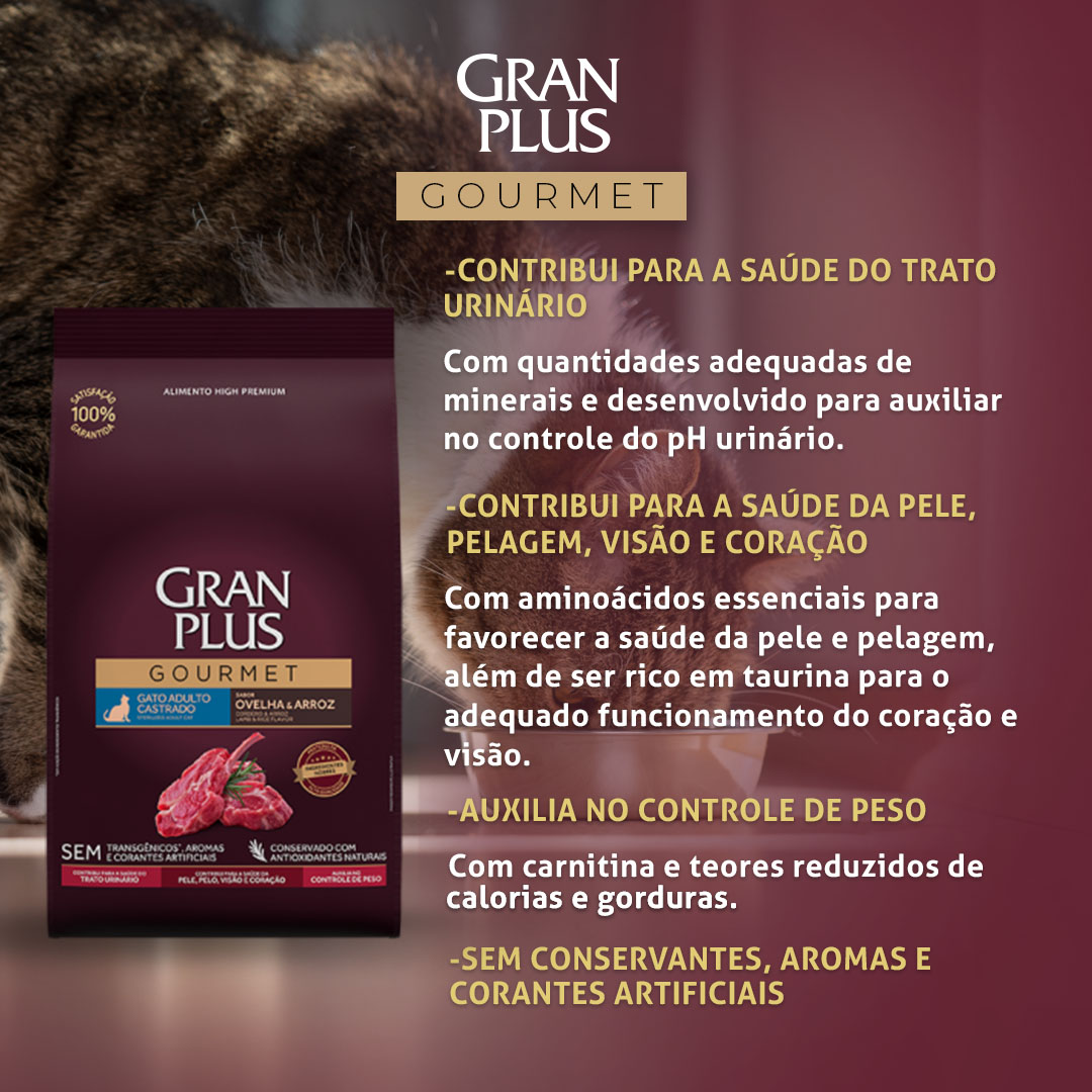 Ração GranPlus Gourmet para Gatos Adultos Castrados Sabor Ovelha e Arroz 1kg