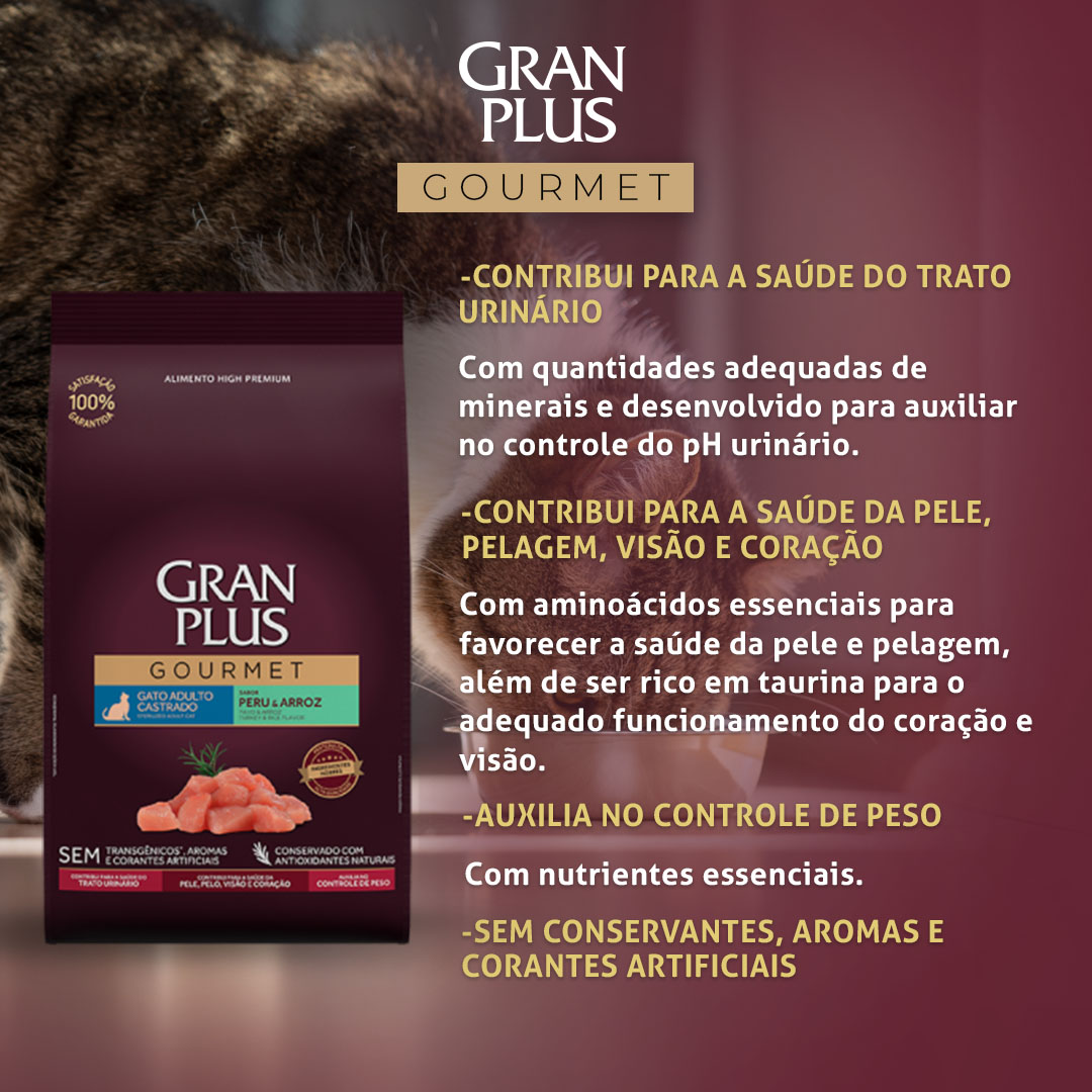 Ração GranPlus Gourmet para Gatos Adultos Castrados Sabor Peru e Arroz 3Kg