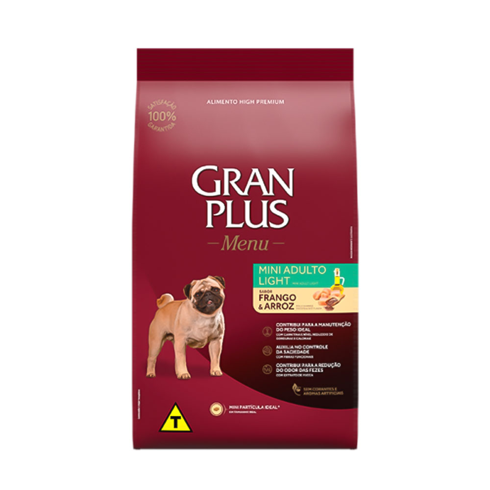 Ração GranPlus Menu Light para Cães Adultos de Porte Mini e Pequeno Sabor Frango e Arroz 10,1Kg