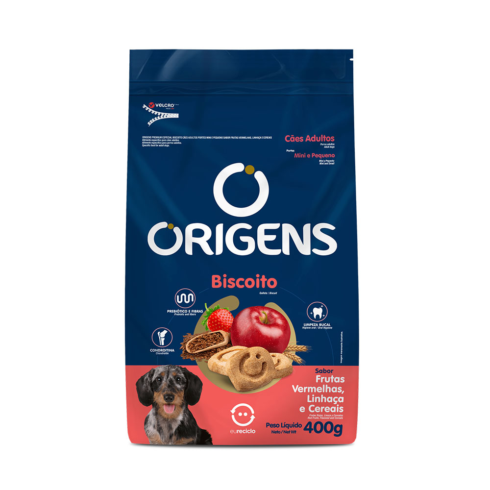 Biscoito Origens para Cães Adultos de Porte Mini e Pequeno Sabor Frutas Vermelhas, Linhaça e Cereias 400g