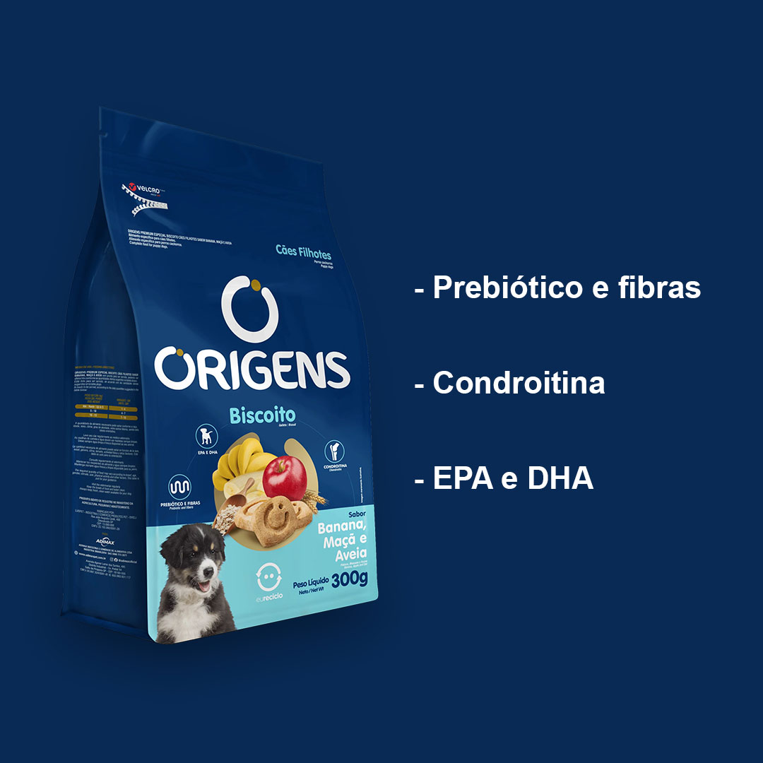 Biscoito Origens para Cães Filhotes Sabor Banana, Maçã e Aveia 300g Adimax