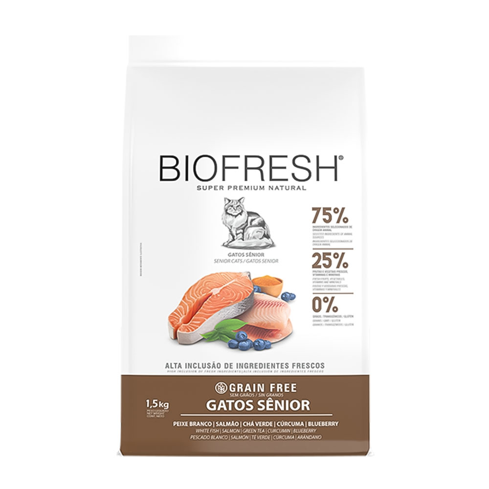 Ração Biofresh para Gatos Sênior Sabor Peixe Branco, Salmão, Chá Verde, Cúrcuma e Blueberry 1,5Kg