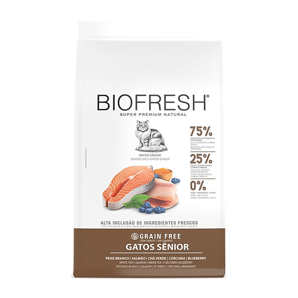 Ração Biofresh para Gatos Sênior Sabor Peixe Branco, Salmão, Chá Verde, Cúrcuma e Blueberry 7,5Kg