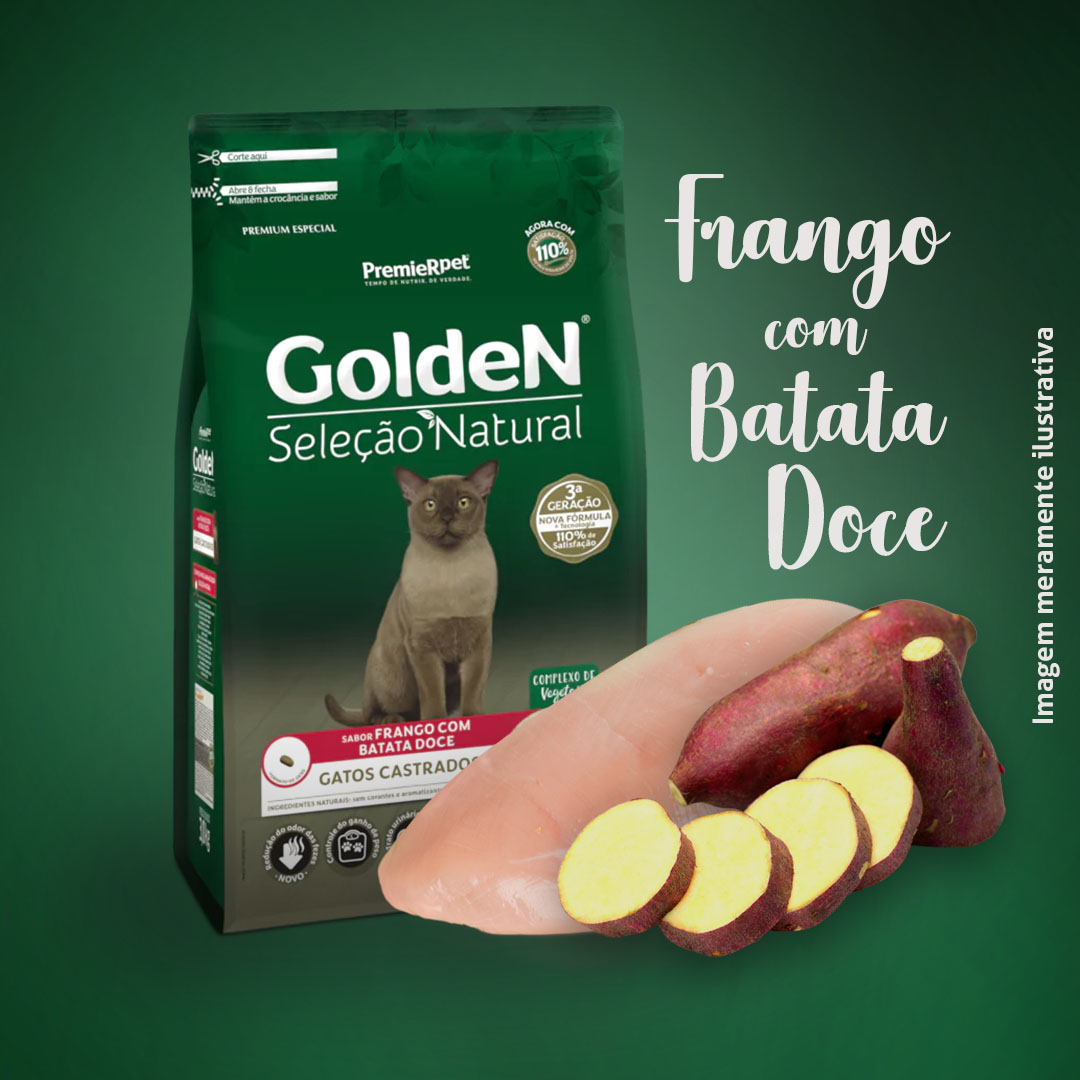 Ração Golden Seleção Natural para Gatos Castrados Sabor Frango com Batata Doce 3Kg