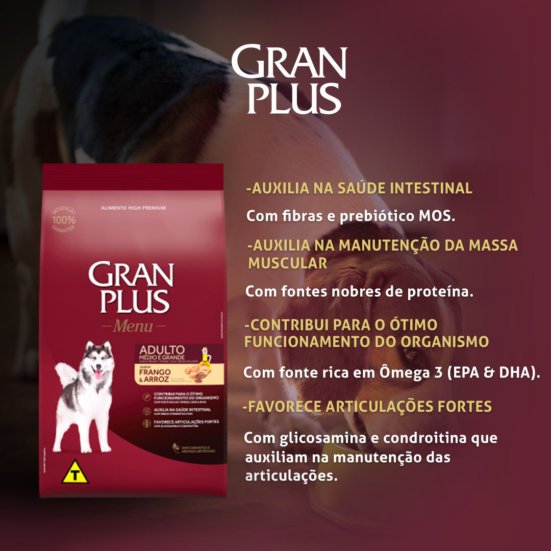 Ração GranPlus Menu para Cães Adultos de Porte Médio e Grande Sabor Frango e Arroz 15Kg