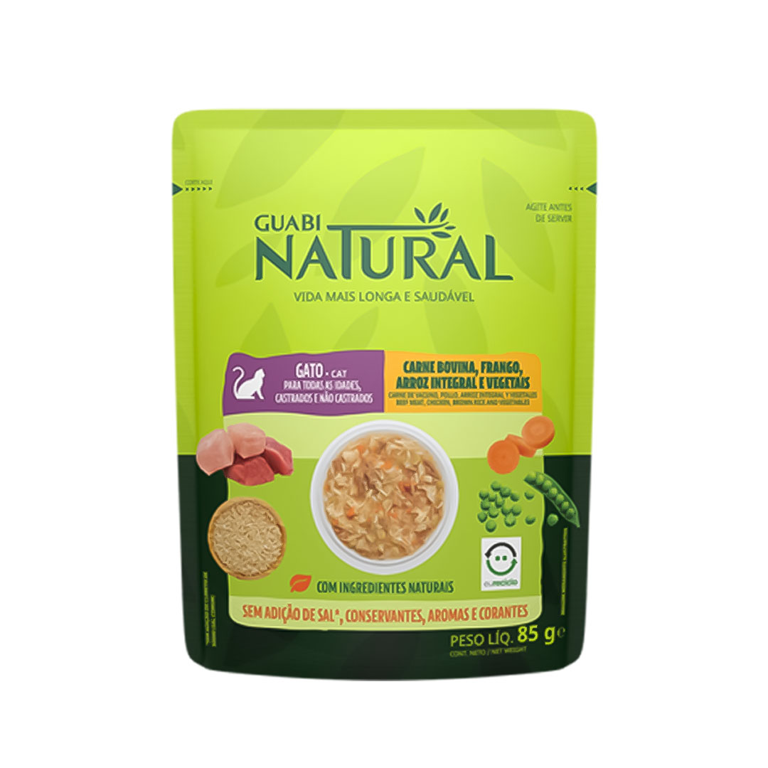 Ração Úmida Guabi Natural para Gatos de Todas as Idades, Castrados e não Castrados Sabor Carne Bovina, Frango, Arroz Integral e Vegetais 85g