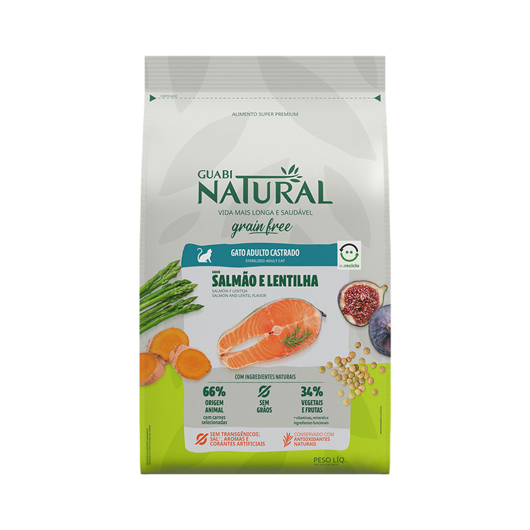 Ração Guabi Natural Grain Free para Gatos Castrados Sabor Salmão e Lentilha 7,5Kg